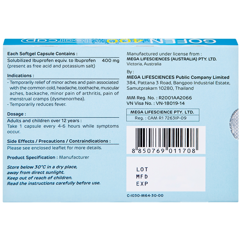 Hình ảnh Thuốc Gofen 400 MEGA We care điều trị hạ sốt, giảm đau (5 vỉ x 10 viên)