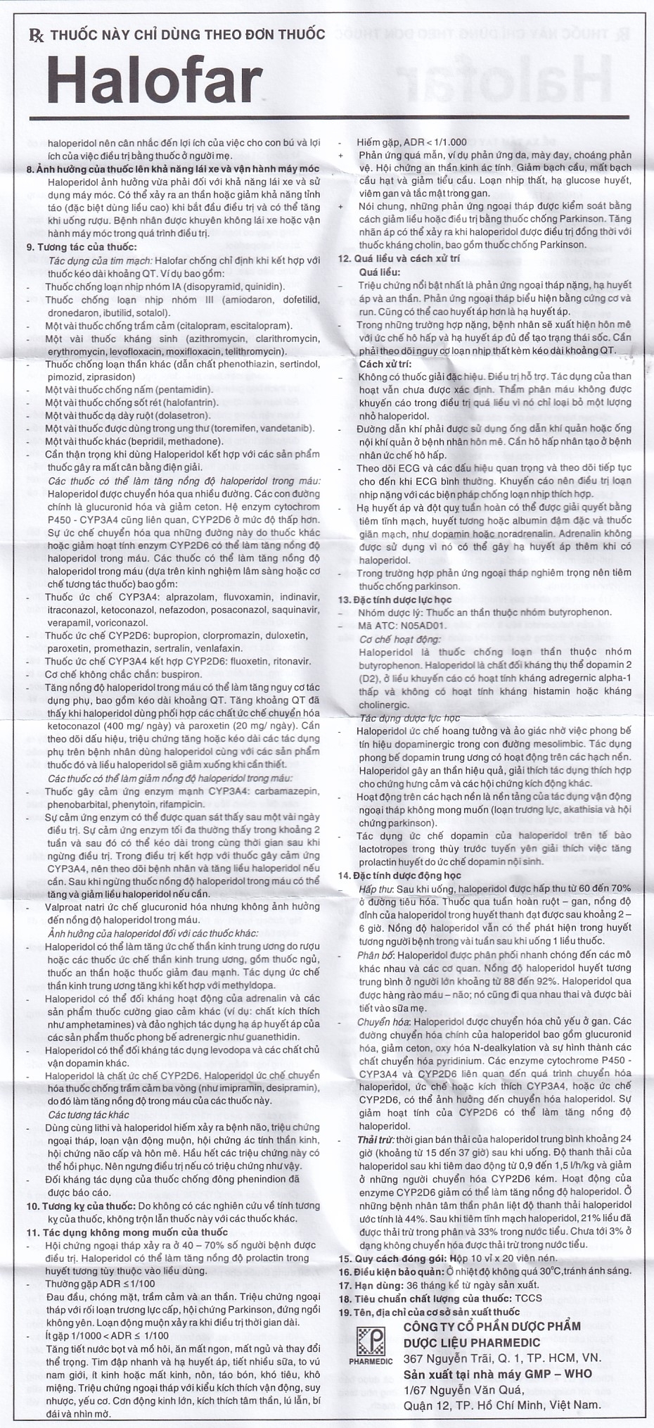 Hình ảnh Thuốc Halofar Pharmedic điều trị các biểu hiện rối loạn tâm thần (10 vỉ x 20 viên)