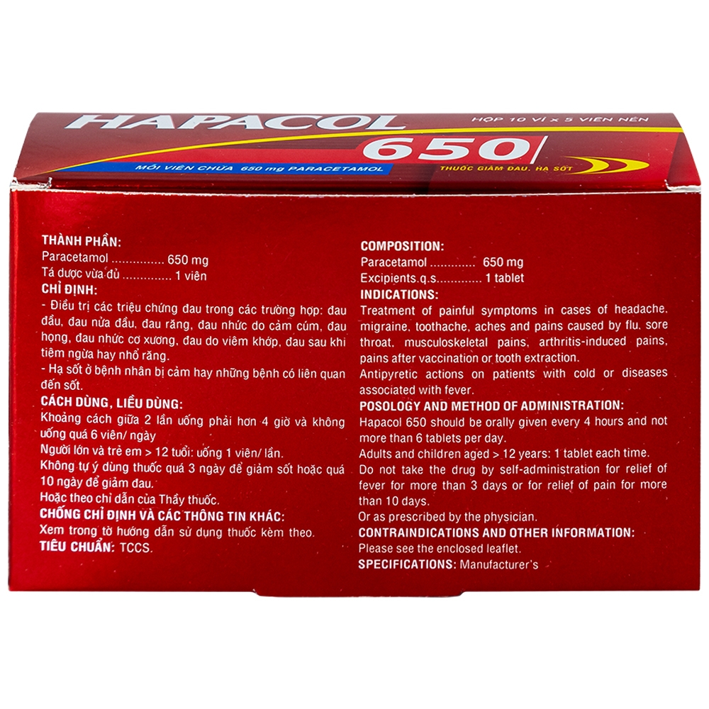 Hình ảnh Thuốc Hapacol 650 DHG giảm đau, hạ sốt (10 vỉ x 5 viên)