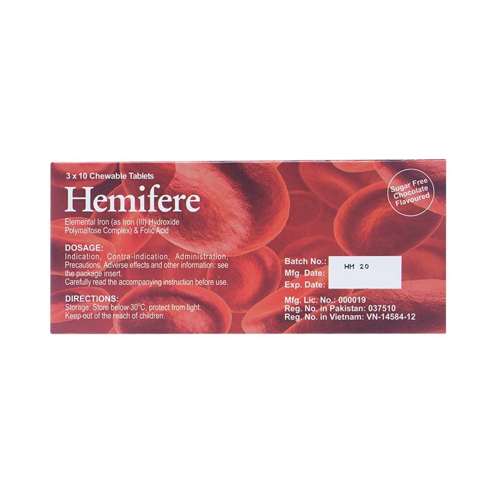 Hình ảnh Viên nhai Hemifere 100mg phòng và điều trị bệnh thiếu máu do thiếu sắt và acid folic (3 vỉ x 10 viên)