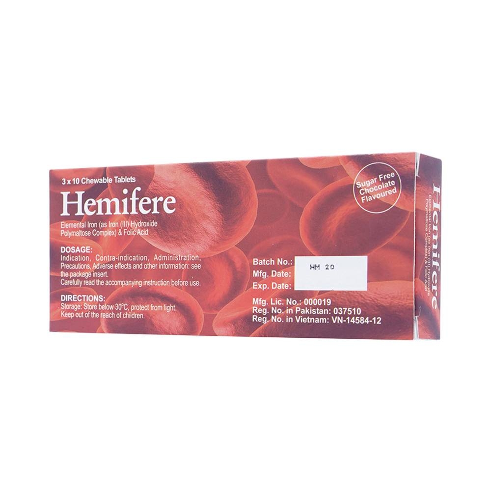 Hình ảnh Viên nhai Hemifere 100mg phòng và điều trị bệnh thiếu máu do thiếu sắt và acid folic (3 vỉ x 10 viên)