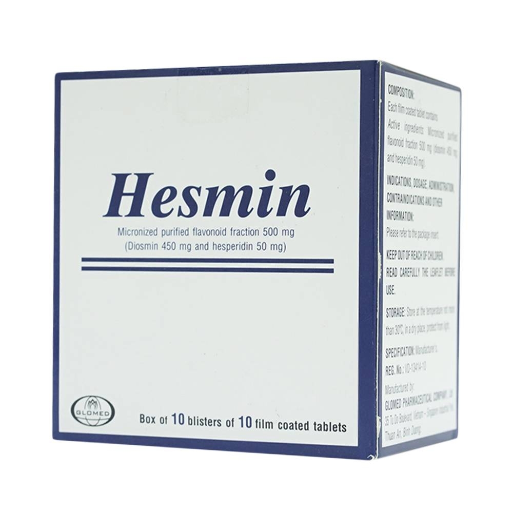 Hình ảnh Thuốc Hesmin 500mg Glomed điều trị các triệu chứng và dấu hiệu của suy tĩnh mạch và bệnh trĩ (10 vỉ x 10 viên)
