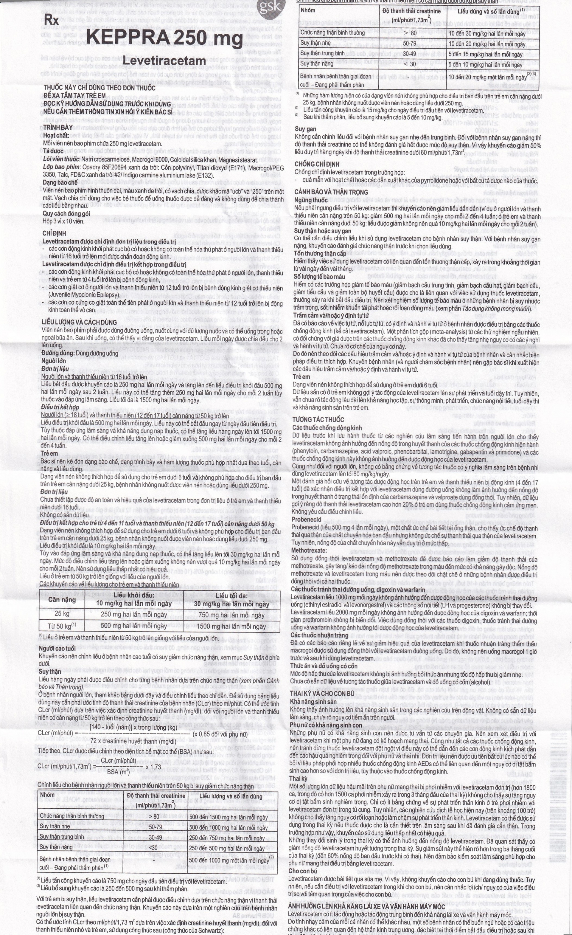 Hình ảnh Viên nén Keppra 250mg GSK điều trị các cơn động kinh cục bộ (3 vỉ x 10 viên)