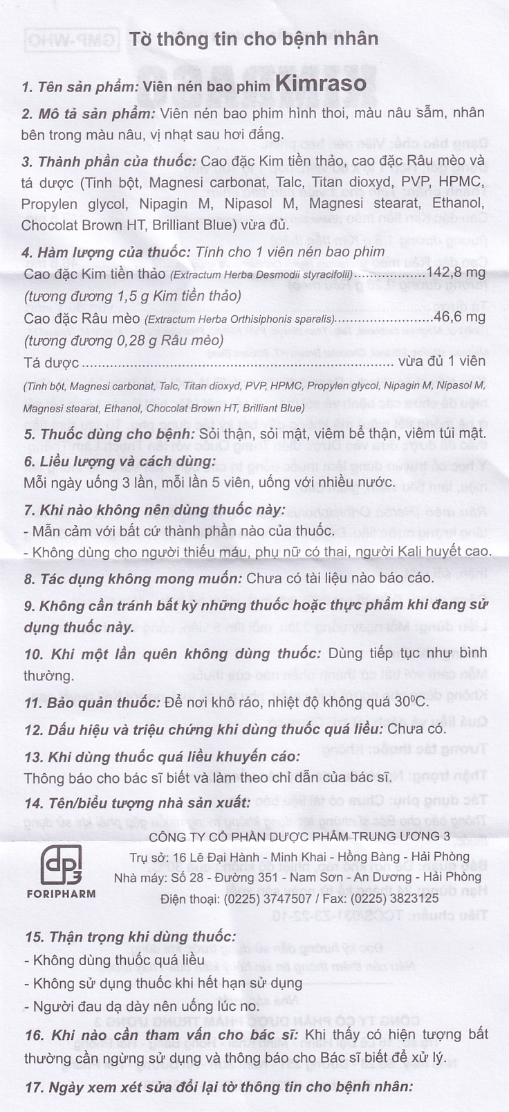 Hình ảnh Viên nén Kimraso Forifarm điều trị sỏi thận, sỏi mật, viêm bể thận, viêm túi mật (60 viên)