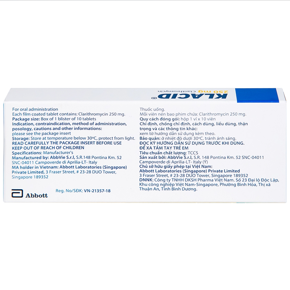 Hình ảnh Viên nén Klacid 250mg Abbott điều trị viêm amidan, viêm tai giữa, viêm xoang cấp (1 vỉ x 10 viên)