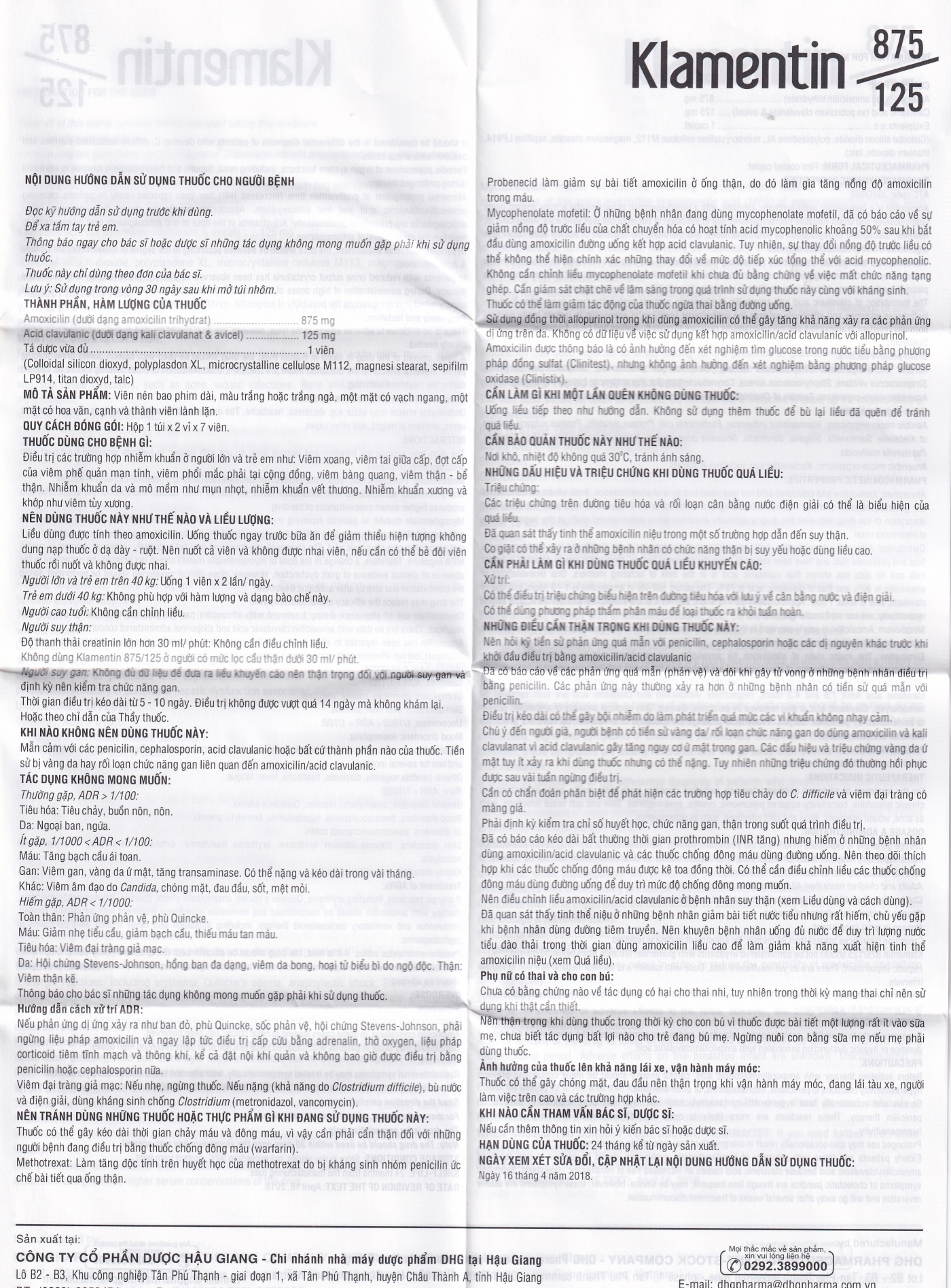 Hình ảnh Viên nén Klamentin 875/125 DHG Pharma điều trị viêm xoang, viêm tai giữa, viêm phế quản (2 vỉ x 7 viên)
