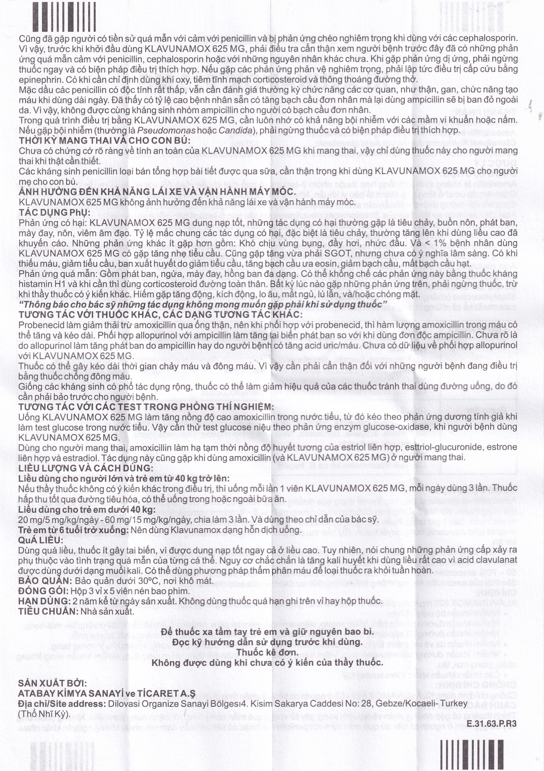 Hình ảnh Thuốc Klavunamox 625mg Atabay điều trị nhiễm khuẩn đường hô hấp, da và mô mềm (3 vỉ x 5 viên)