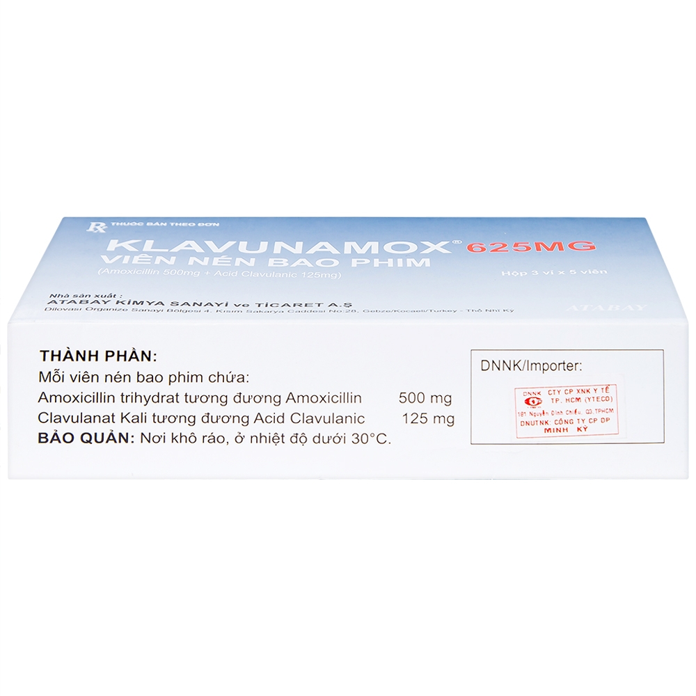 Hình ảnh Thuốc Klavunamox 625mg Atabay điều trị nhiễm khuẩn đường hô hấp, da và mô mềm (3 vỉ x 5 viên)