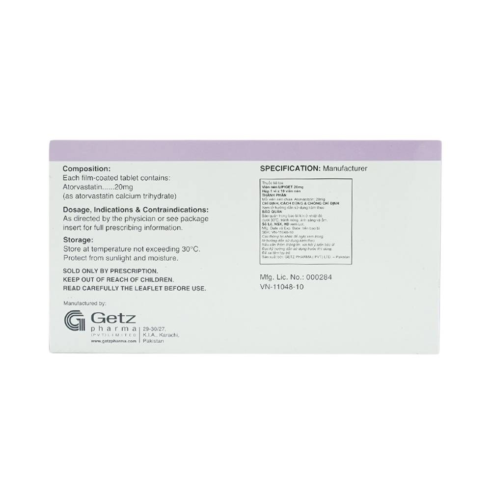 Hình ảnh Thuốc Lipiget 20mg Getz hỗ trợ chế độ ăn kiêng trong giảm cholesterol toàn phần (1 vỉ x 10 viên)