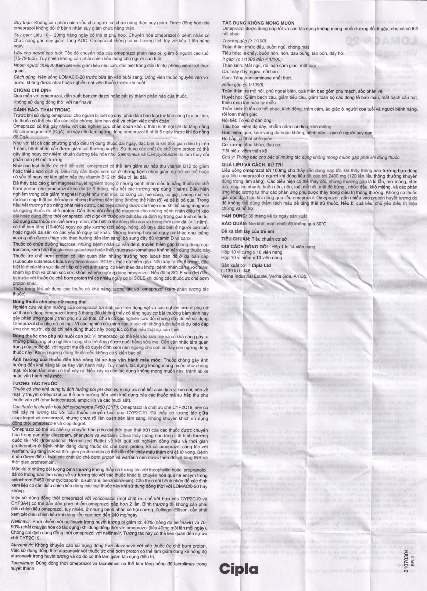 Hình ảnh Thuốc Lomac-20 Cipla điều trị viêm loét dạ dày - tá tràng, trào ngược thực quản (10 vỉ x 10 viên)