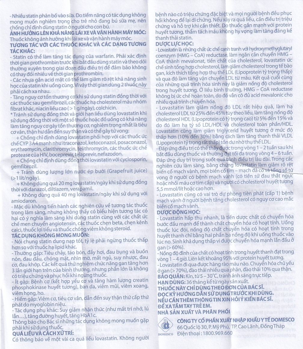 Hình ảnh Thuốc Lovastatin 20mg Domesco phòng ngừa biến cố tim mạch (1 vỉ x 10 viên)