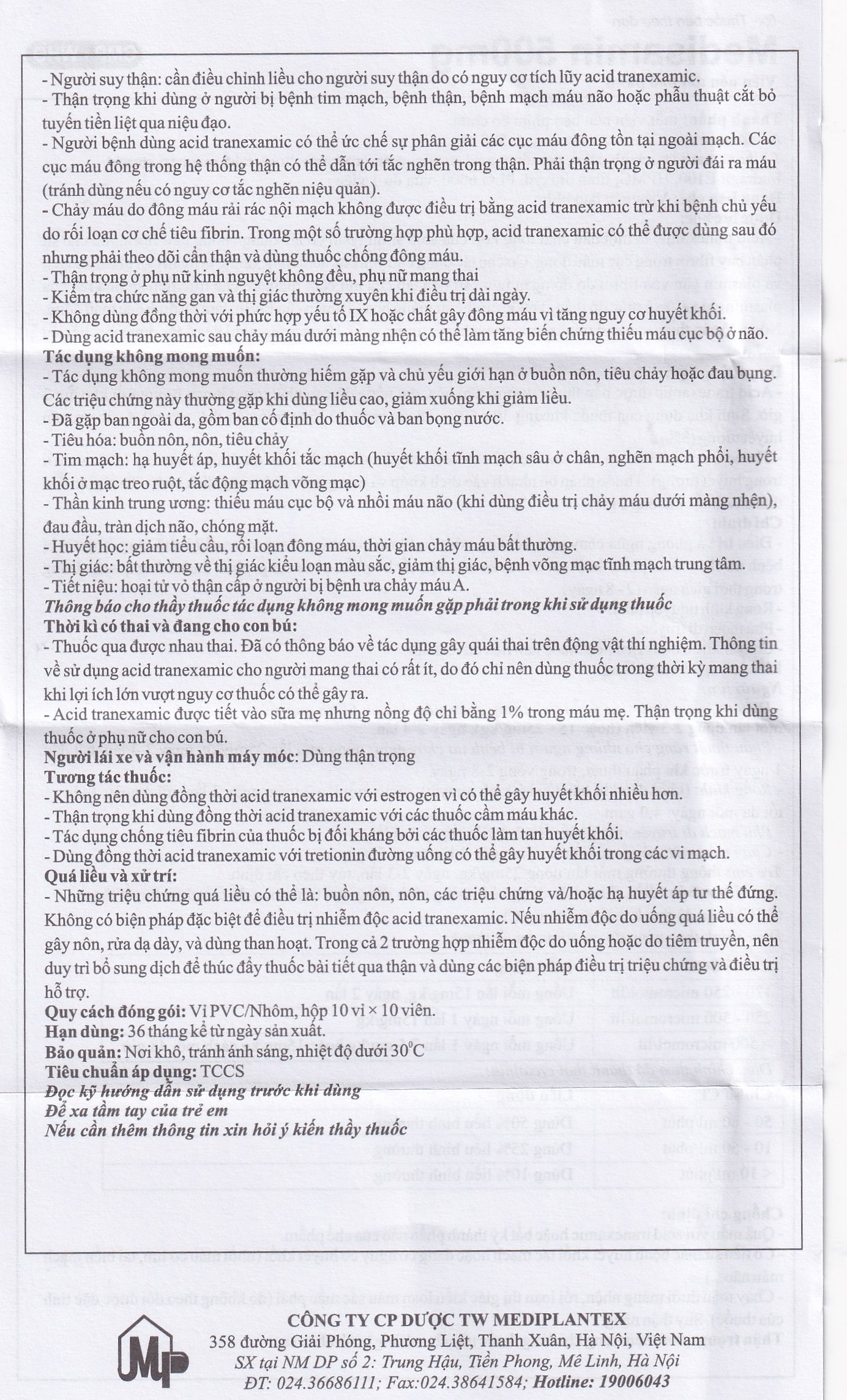 Hình ảnh Thuốc Medisamin 500mg Mediplantex điều trị chảy máu ở bệnh ưa chảy máu, rong kinh (10 vỉ x 10 viên) 
