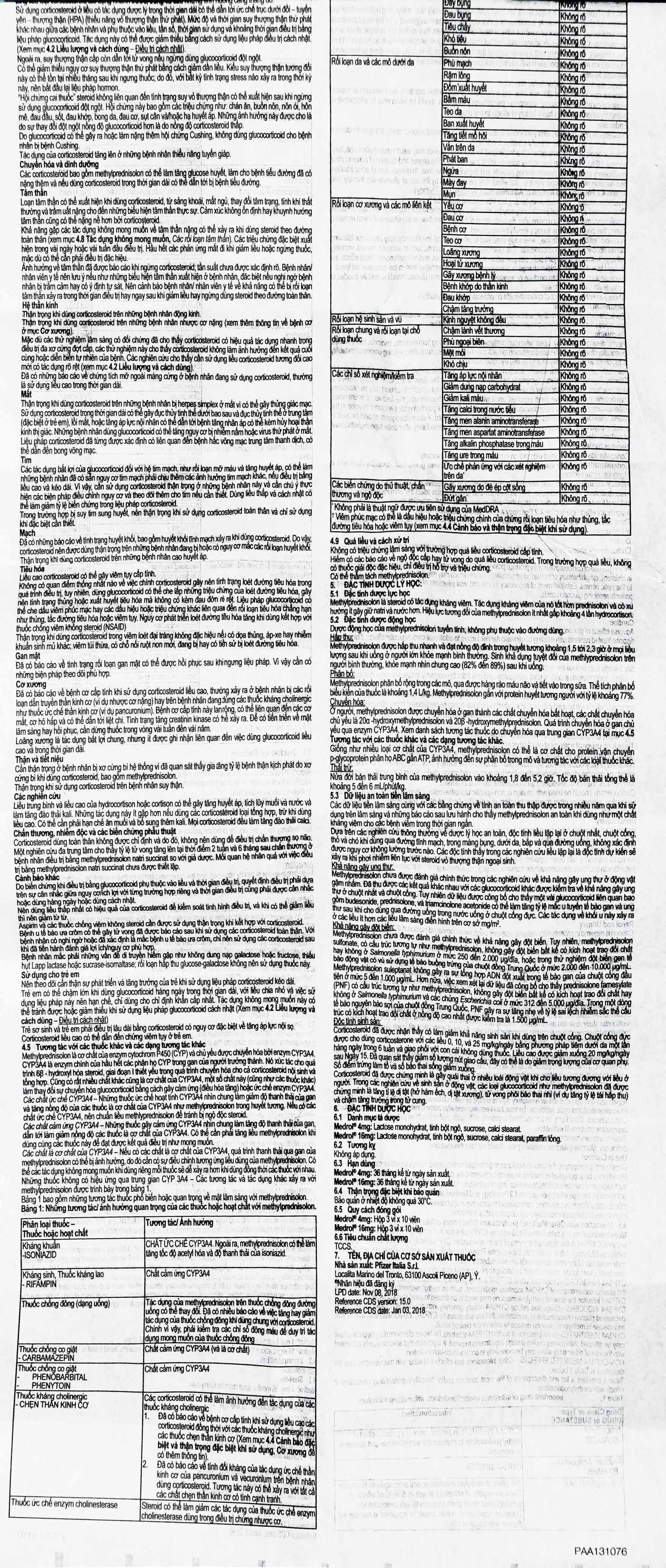 Hình ảnh Thuốc Medrol 4mg Pfizer kháng viêm, điều trị rối loạn nội tiết, viêm tuyến giáp (3 vỉ x 10 viên)