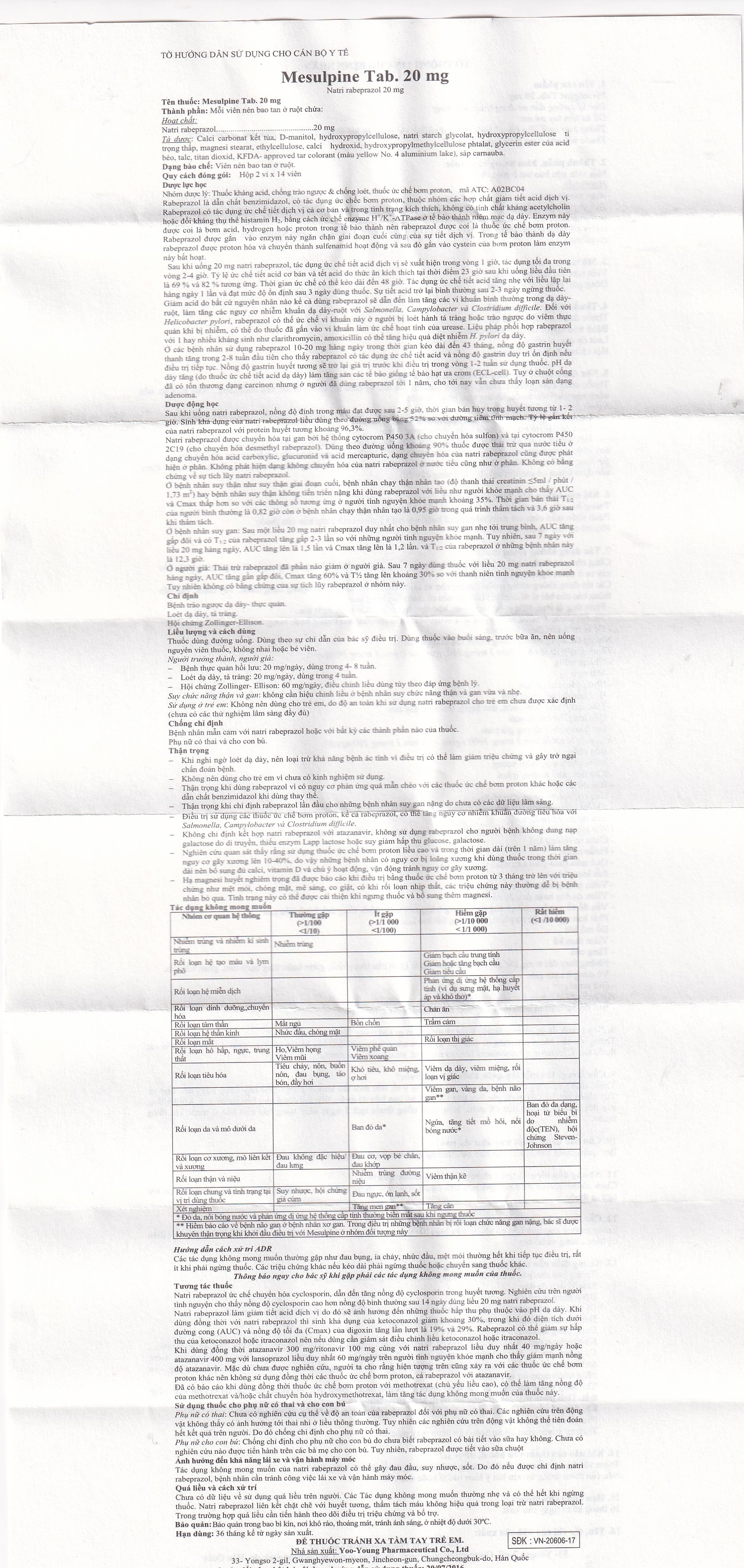 Hình ảnh Viên nén Mesulpine 20mg YooYoung điều trị bệnh trào ngược dạ dày, thực quản (2 vỉ x 14 viên) 