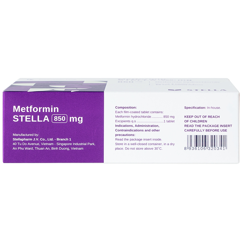 Hình ảnh Viên nén Metformin Stella 850mg điều trị bệnh đái tháo đường (4 vỉ x 15 viên)