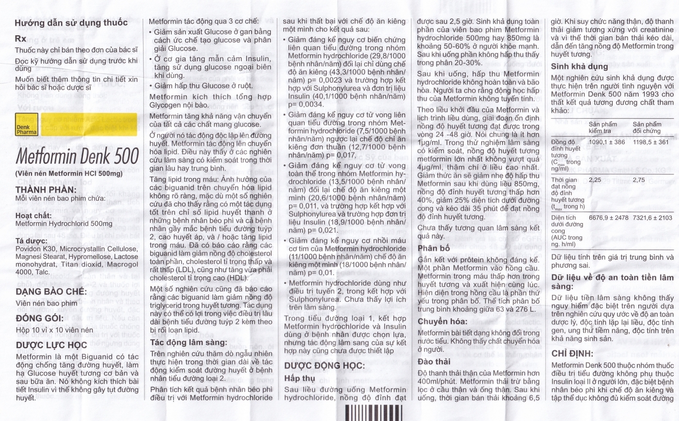 Hình ảnh Viên nén Metformin Denk 500 điều trị đái tháo đường típ 2 (10 vỉ x 10 viên)