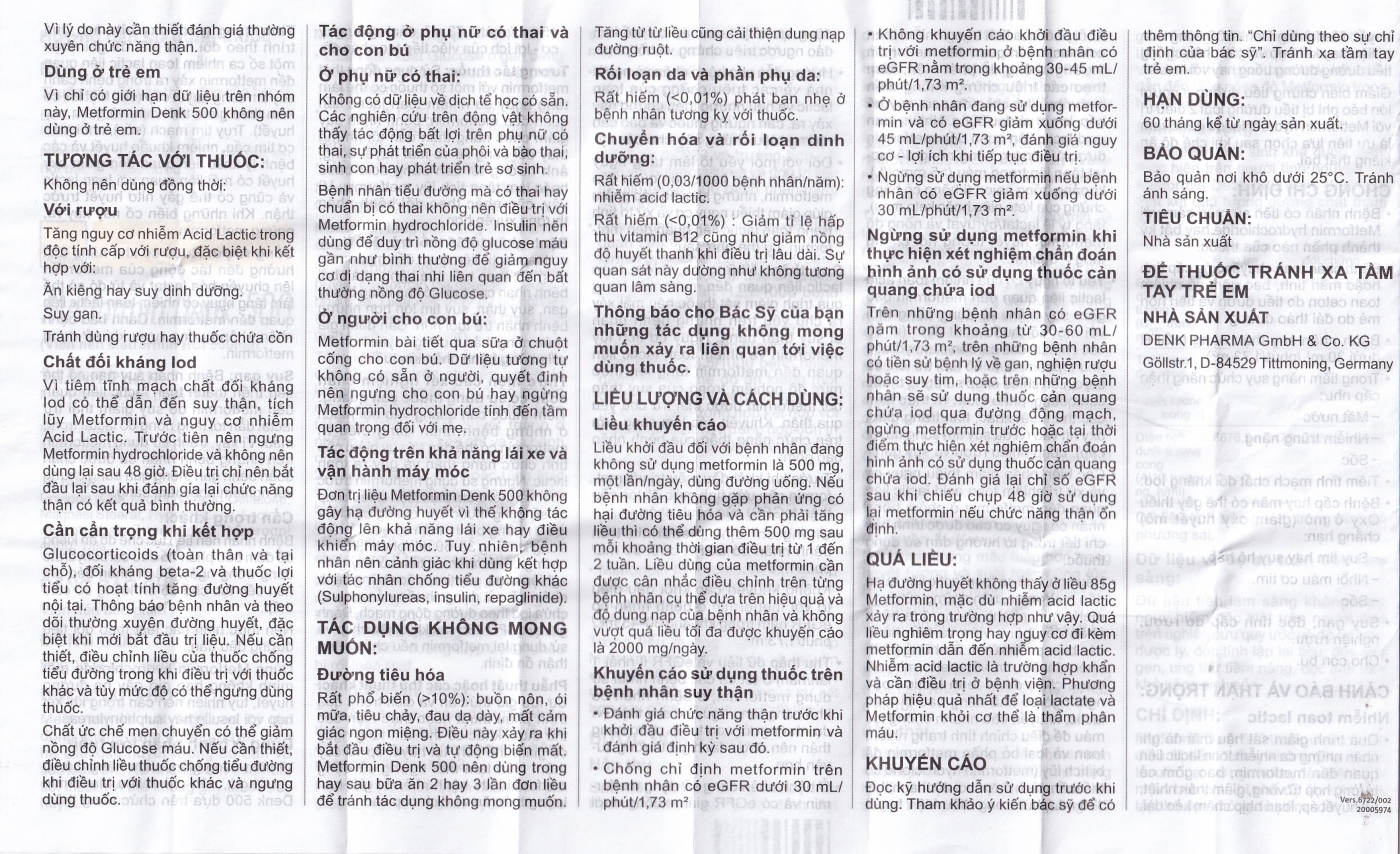 Hình ảnh Viên nén Metformin Denk 500 điều trị đái tháo đường típ 2 (10 vỉ x 10 viên)