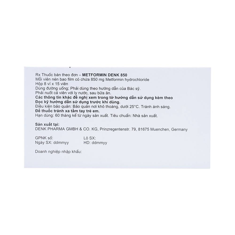 Hình ảnh Viên nén Metformin Denk 850 điều trị đái tháo đường típ 2 (8 vỉ x 15 viên)