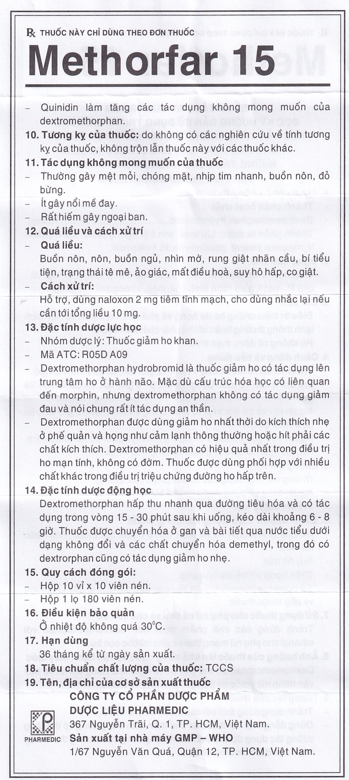 Hình ảnh Thuốc trị ho Methorfar 15 Pharmedic dùng cho cảm lạnh, ho không đờm (10 vỉ x 10 viên)