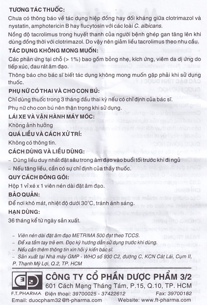 Hình ảnh Viên đặt âm đạo Metrima Dược 3-2 điều trị nấm candida (1 vỉ x 1 viên)