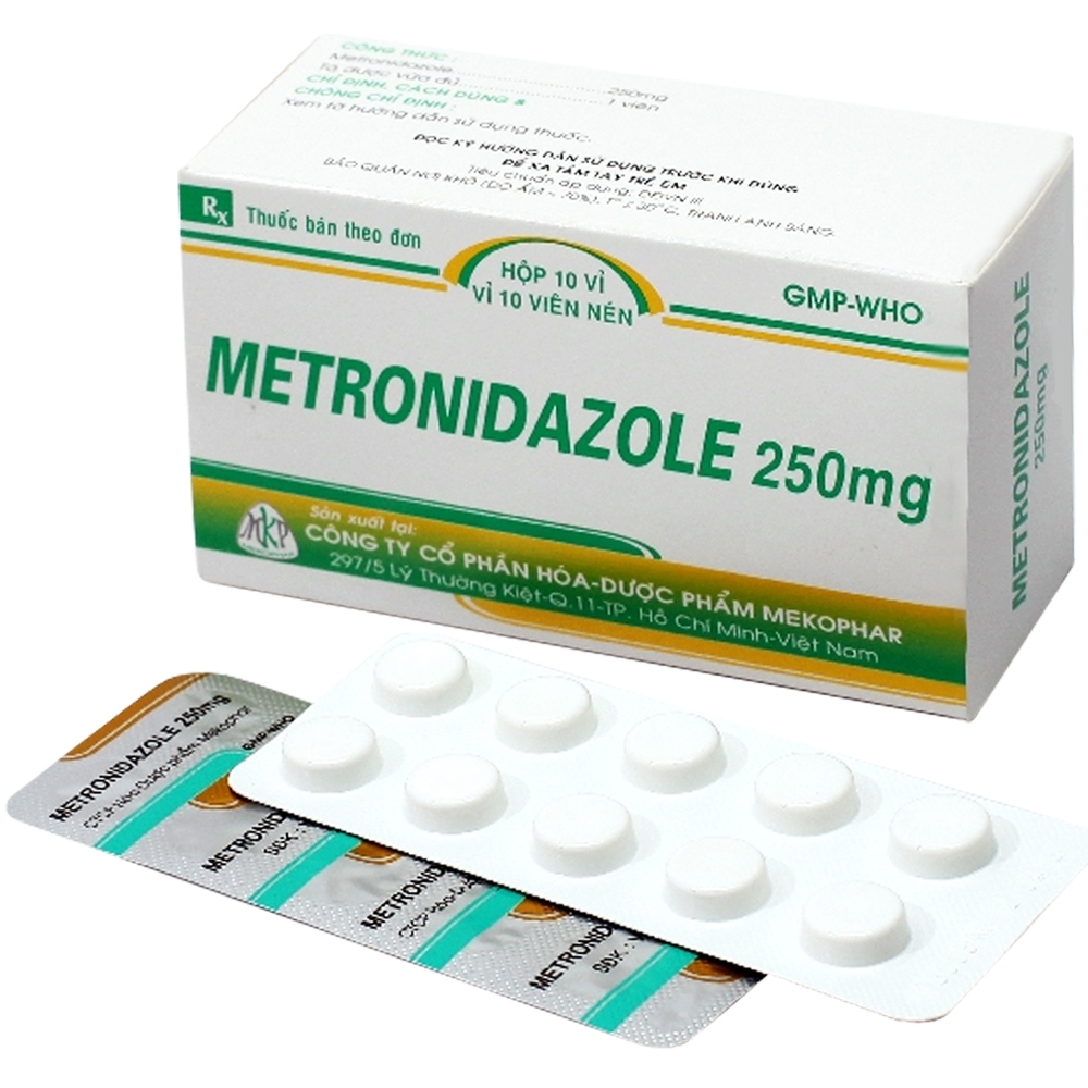 Hình ảnh Viên nén Metronidazole 250mg Mekophar điều trị viêm nhiễm đường niệu sinh dục, bệnh do amip (10 vỉ x 10 viên)