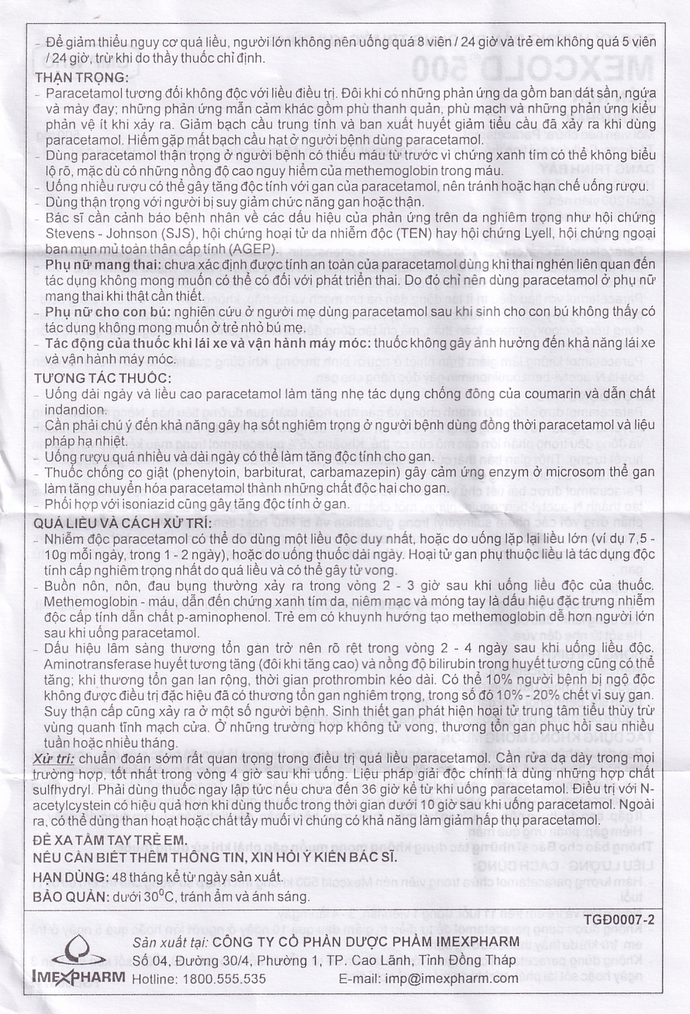 Hình ảnh Viên nén Mexcold 500 Imexpharm điều trị đau đầu, đau răng, đau nhức bắp thịt (10 vỉ x 10 viên)
