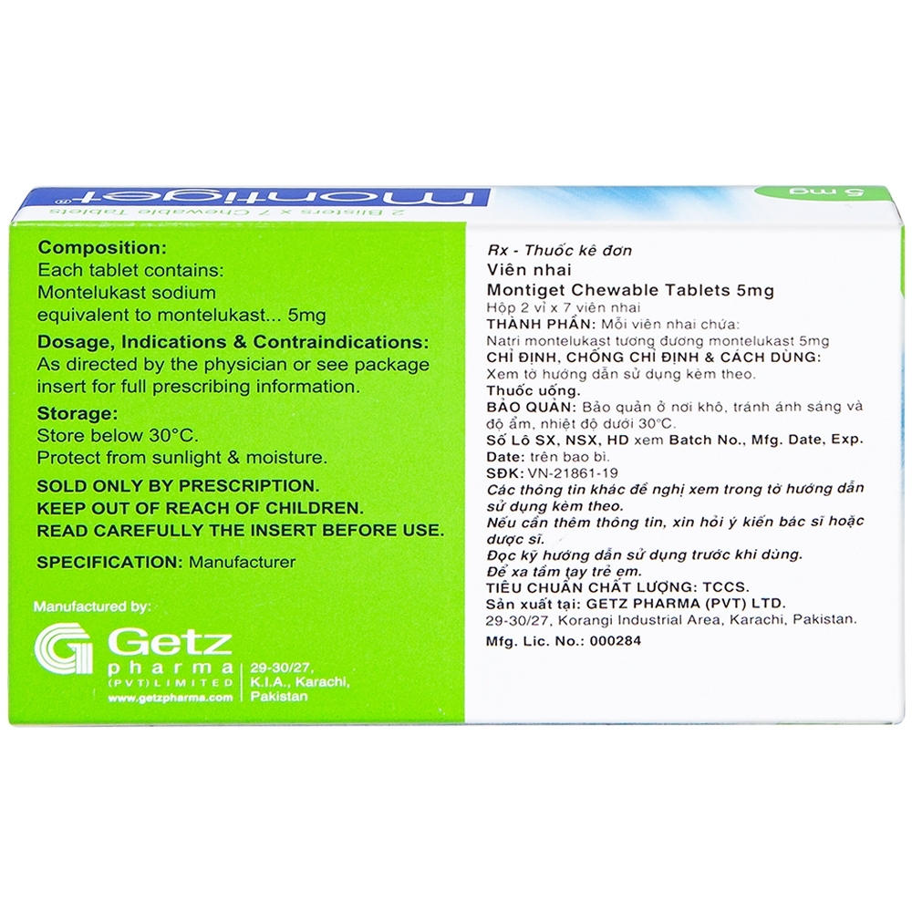 Hình ảnh Thuốc Montiget 5mg Getz phòng và điều trị hen phế quản mãn tính (2 vỉ x 7 viên)