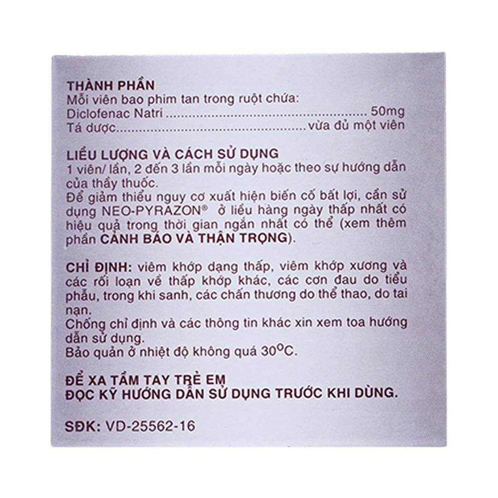 Hình ảnh Thuốc Neo-Pyrazon 50mg United giảm đau, hạ sốt và kháng viêm (25 vỉ x 4 viên)