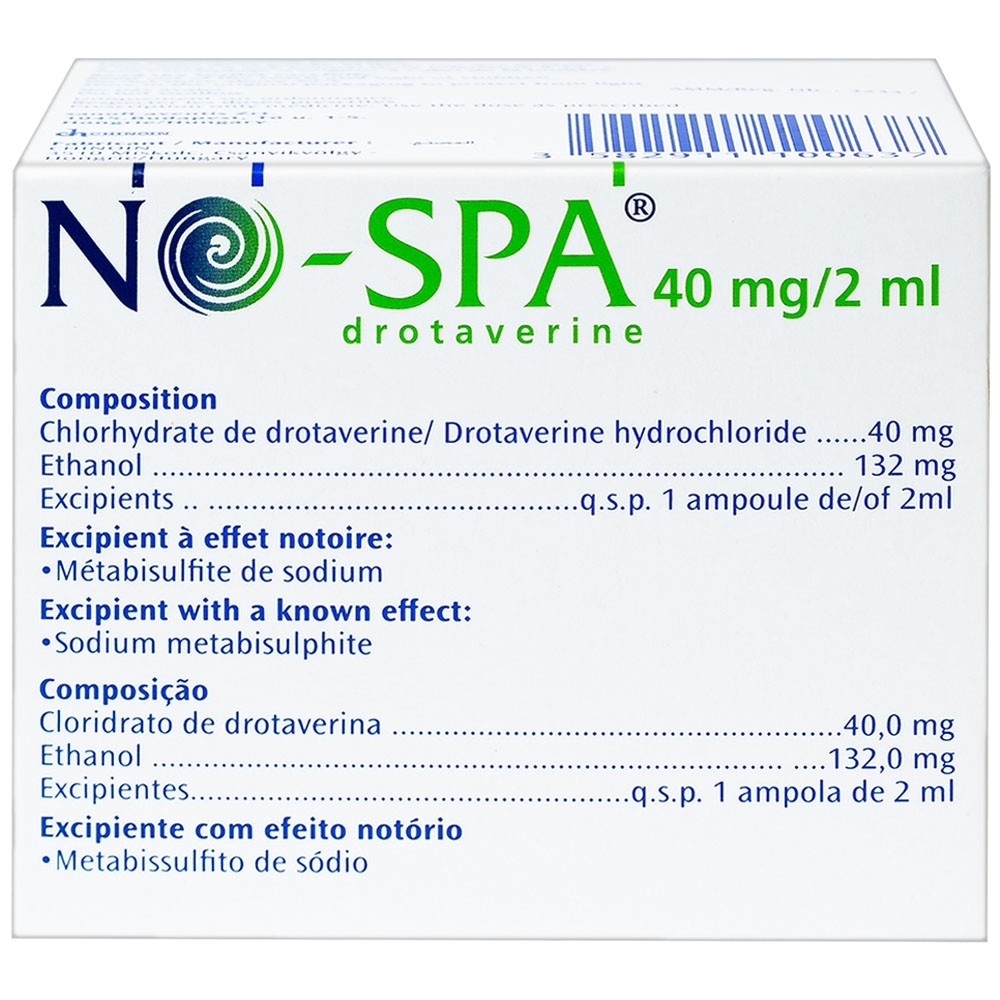 Hình ảnh Dung dịch tiêm No-Spa 40mg/2ml Sanofi chống co thắt cơ, điều trị sỏi túi mật, sỏi ống mật (5 vỉ x 5 ống x 2ml)