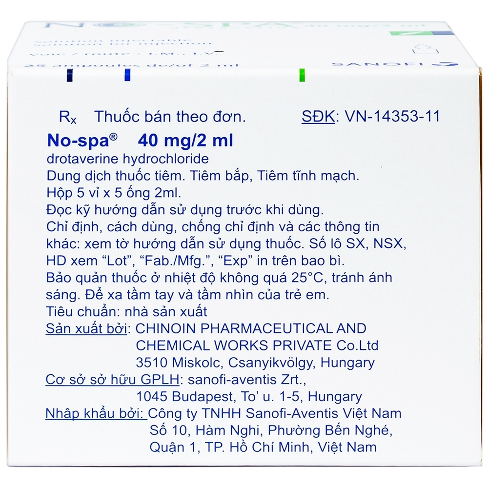 Hình ảnh Dung dịch tiêm No-Spa 40mg/2ml Sanofi chống co thắt cơ, điều trị sỏi túi mật, sỏi ống mật (5 vỉ x 5 ống x 2ml)
