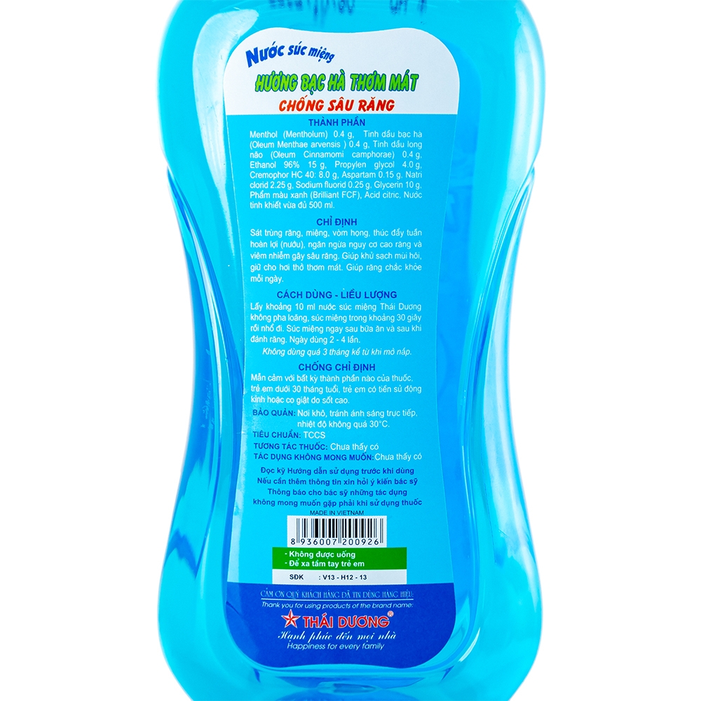 Hình ảnh Nước súc miệng Thái Dương hương bạc hà, sát trùng răng, miệng, vòm họng (500ml)