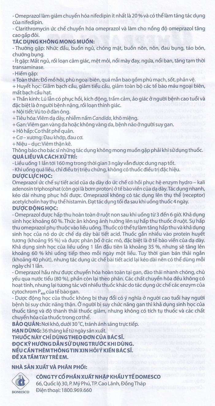Hình ảnh Viên nang cứng Omeprazol 20mg Domesco điều trị trào ngược dạ dày - thực quản (10 vỉ x 10 viên)