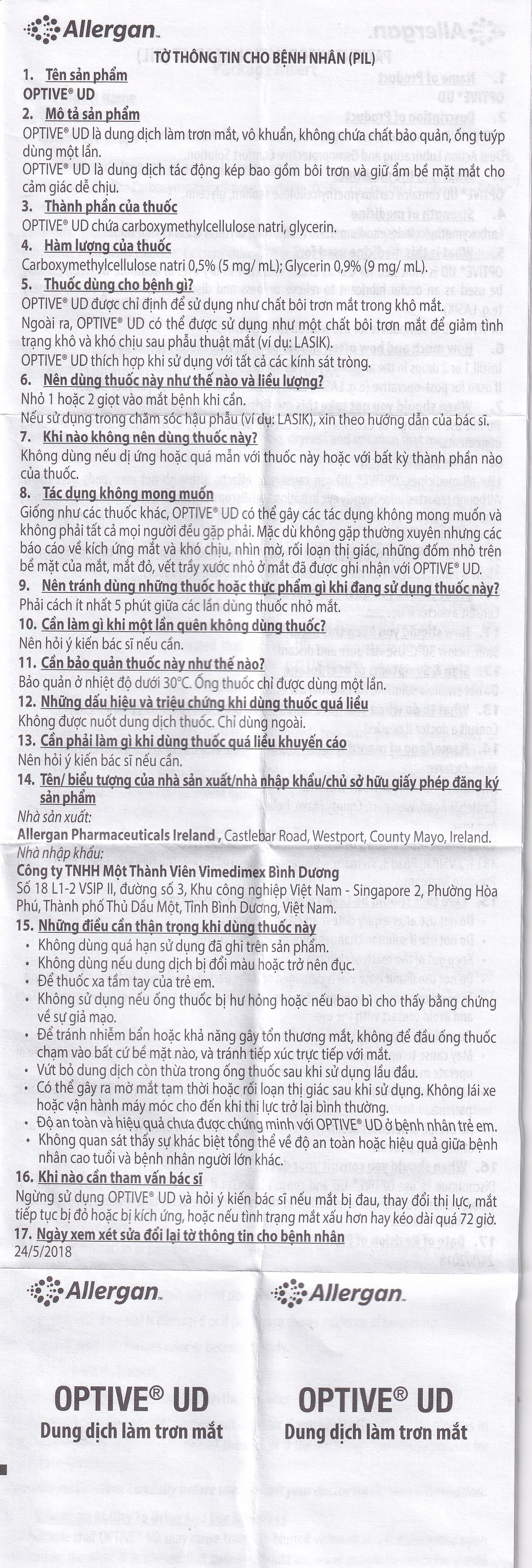 Hình ảnh Thuốc nhỏ mắt Optive UD Allergan làm trơn mắt, giảm triệu chứng khô mắt (30 ống x 0.4ml)