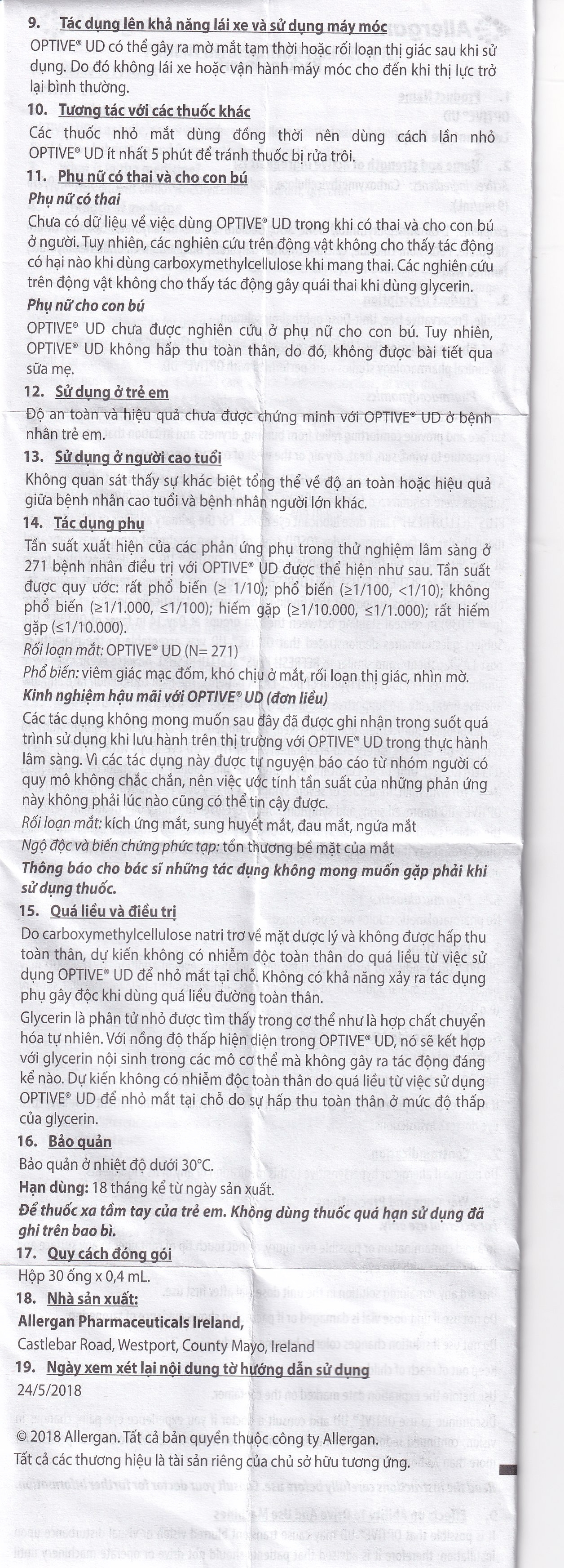 Hình ảnh Thuốc nhỏ mắt Optive UD Allergan làm trơn mắt, giảm triệu chứng khô mắt (30 ống x 0.4ml)