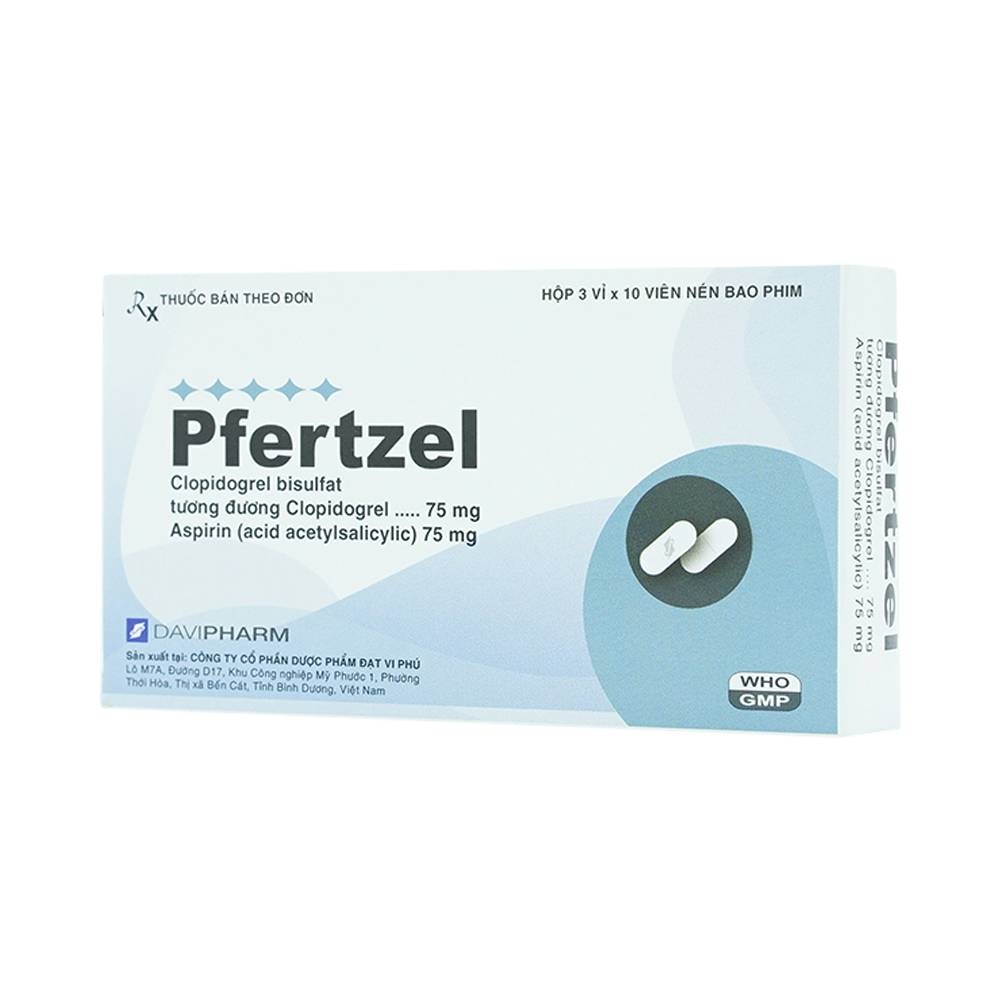 Hình ảnh Viên nén Pfertzel 75mg/75mg DaViPharm dự phòng nghẽn mạch huyết khối, điều trị nhồi máu cơ tim (3 vỉ x 10 viên)