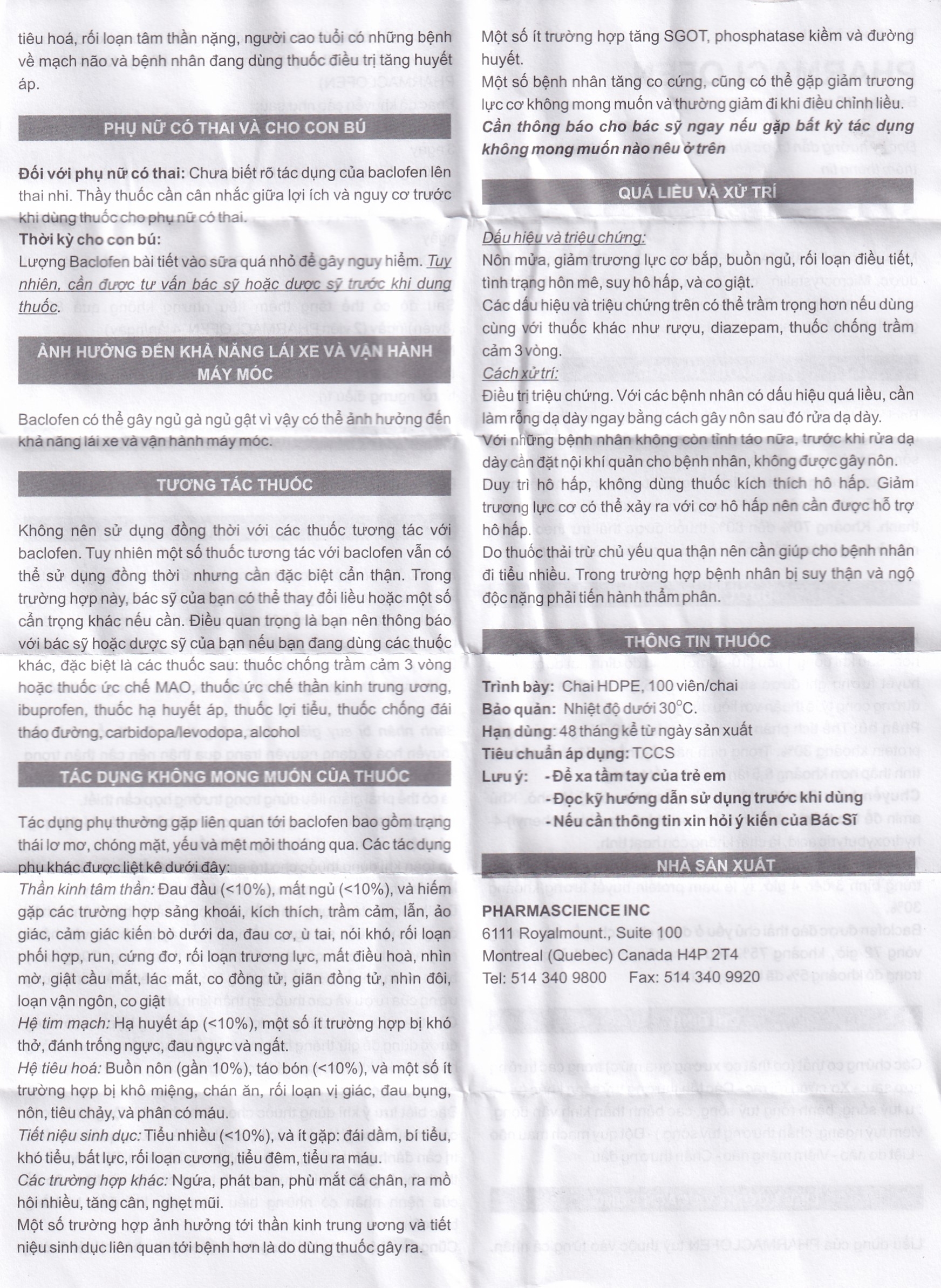 Hình ảnh Viên nén Pharmaclofen 10mg Pharmascience điều trị các chứng co thắt cơ xương (100 viên)