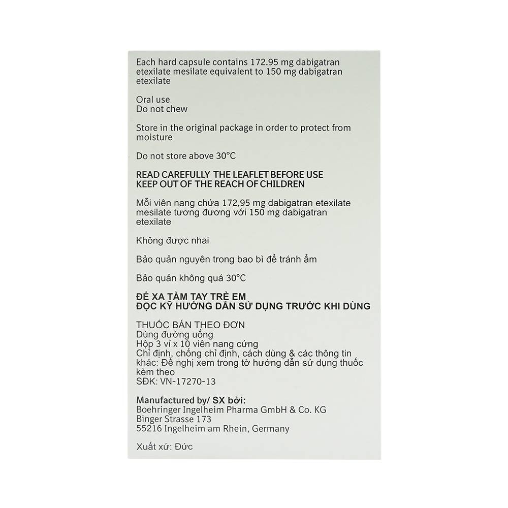 Hình ảnh Viên nang cứng Pradaxa 150mg Boehringer phòng ngừa tai biến, đột quỵ (3 vỉ x 10 viên)