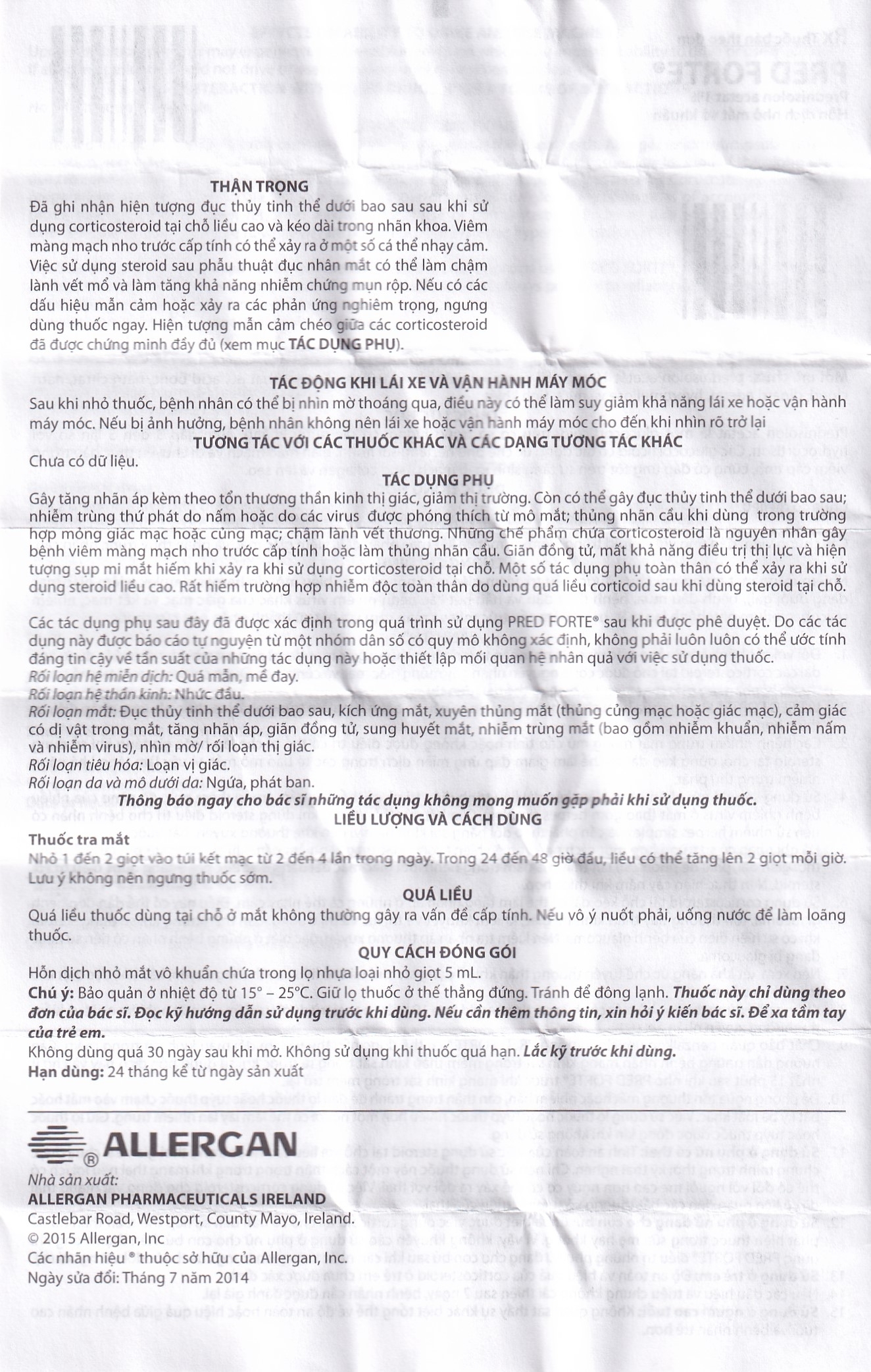 Hình ảnh Hỗn dịch nhỏ mắt Pred Forte Allergan điều trị các chứng viêm đáp ứng với steroid (5ml)