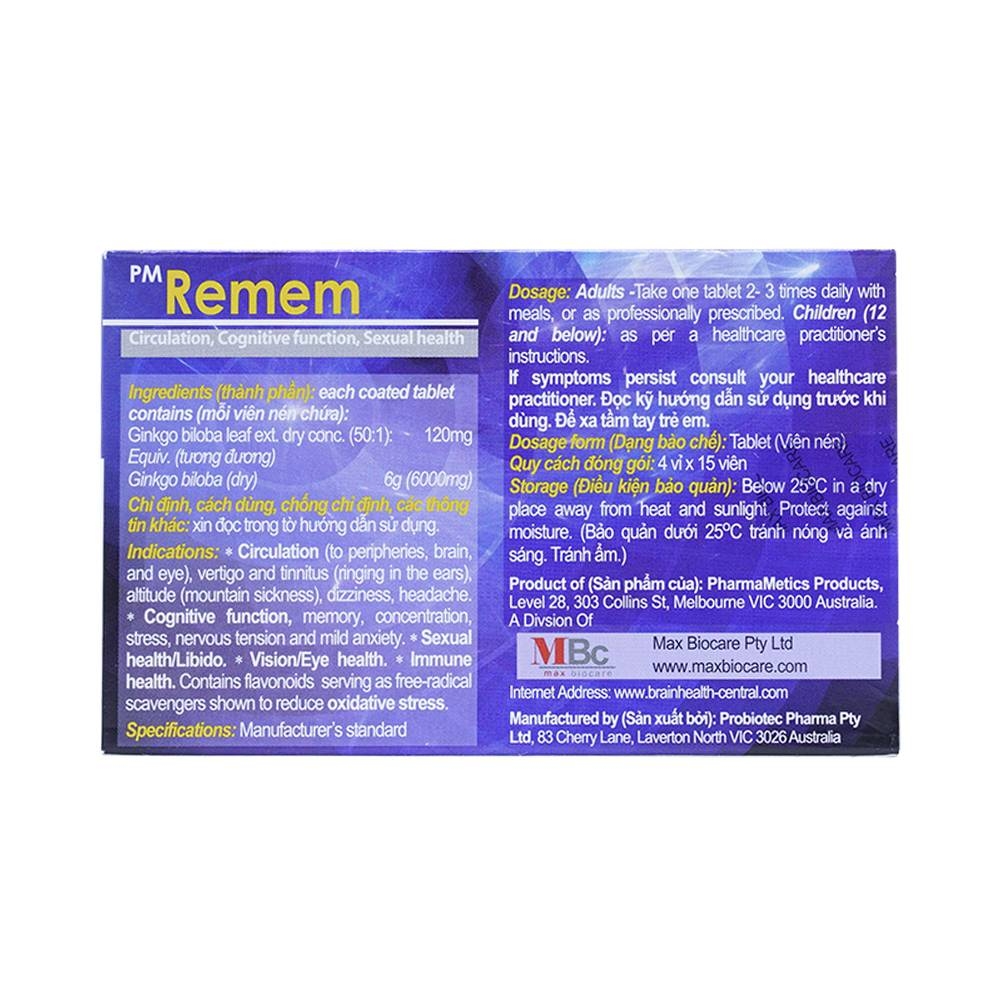 Hình ảnh Thuốc Remem Probiotec điều trị suy tuần hoàn não, di chứng tai biến mạch máu não (4 vỉ x 15 viên)
