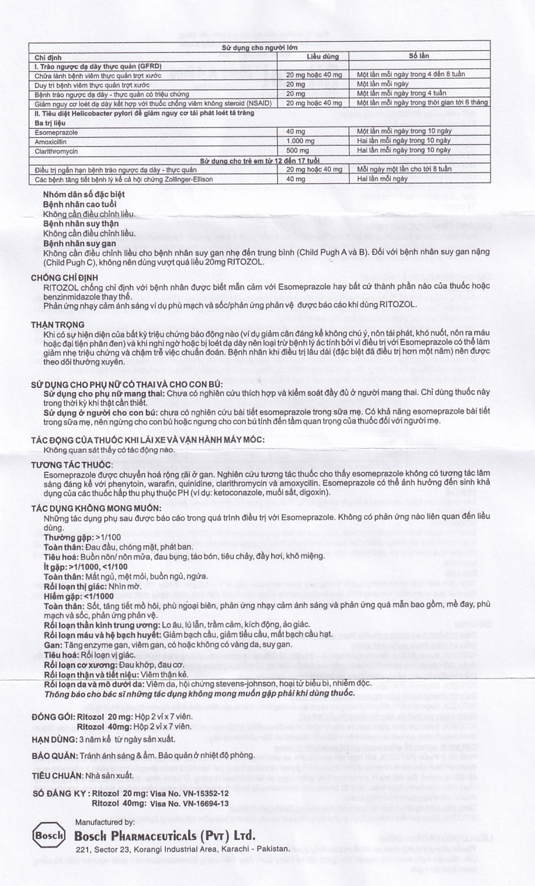 Hình ảnh Thuốc Ritozol 40mg Bosch điều trị trào ngược dạ dày thực quản (2 vỉ x 7 viên)