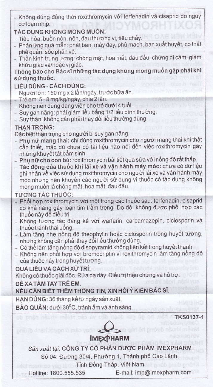 Hình ảnh Thuốc Roxithromycin 150mg Imexpharm điều trị các loại nhiễm khuẩn, bệnh bạch hầu, ho gà (2 vỉ x 10 viên)