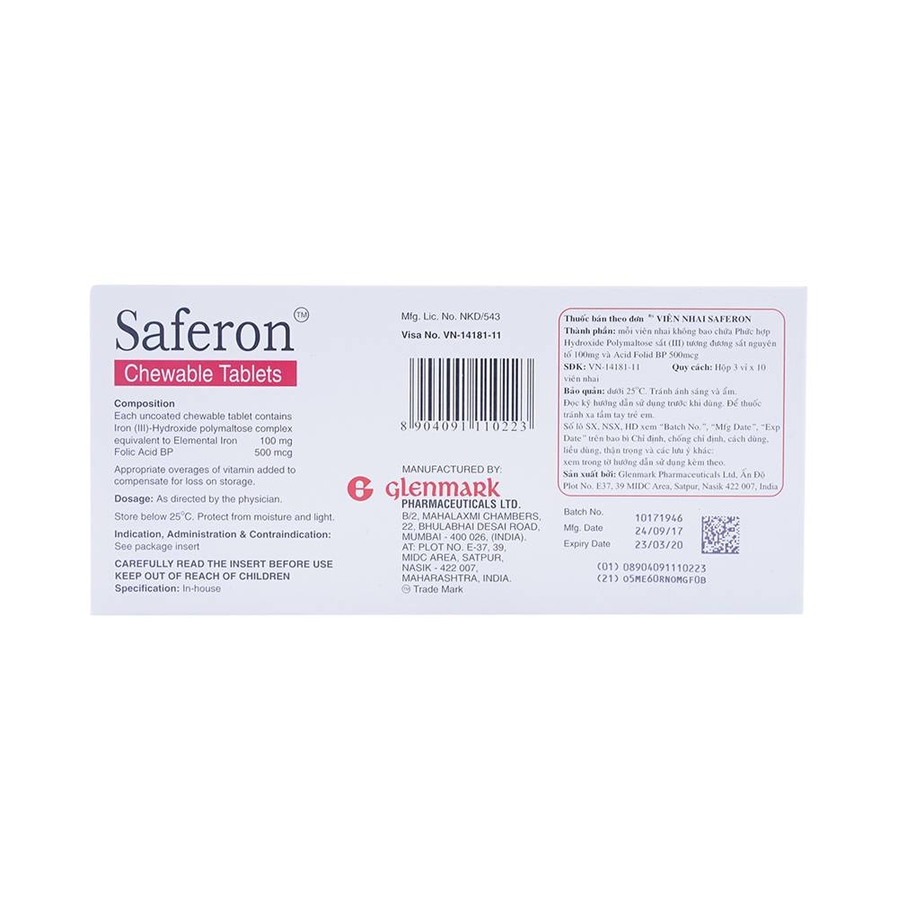 Hình ảnh Viên nhai Saferon Glenmark dự phòng và điều trị chứng thiếu máu thiếu sắt (3 vỉ x 10 viên)