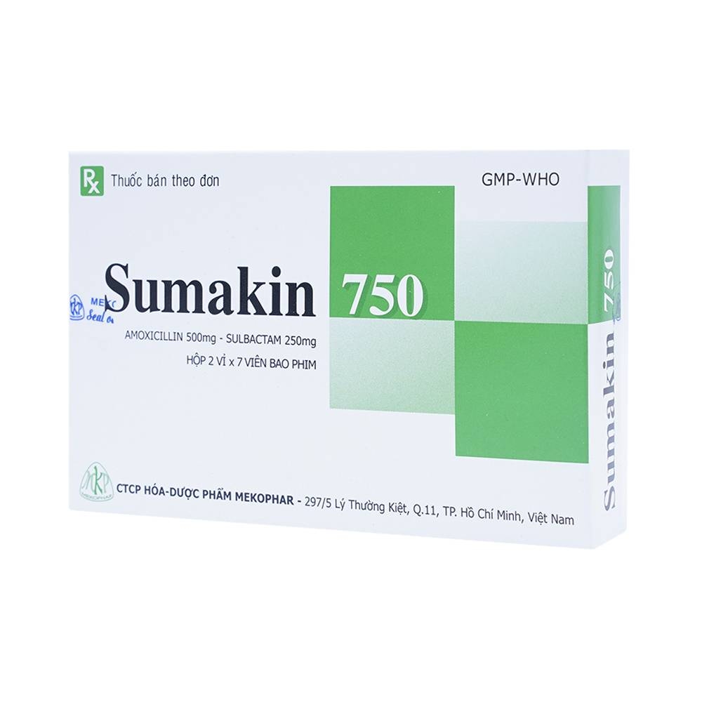 Hình ảnh Thuốc Sumakin 750 Mekophar điều trị viêm tai giữa, viêm xoang (2 vỉ x 7 viên)