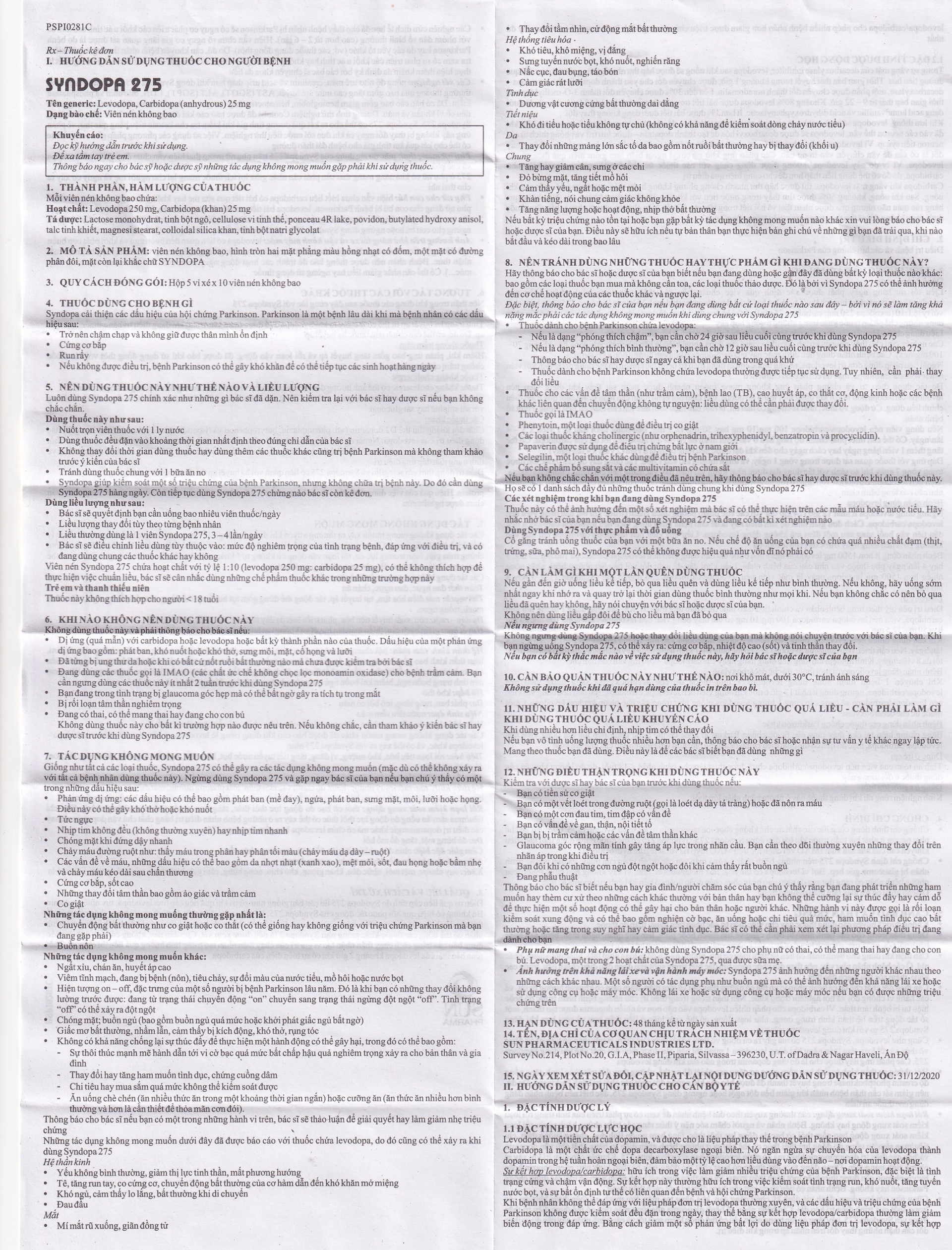 Hình ảnh Thuốc Syndopa 275 Sun Pharma điều trị triệu chứng bệnh Parkinson (5 vỉ x 10 viên)