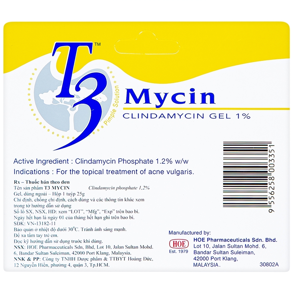 Hình ảnh Gel bôi T3 Mycin HOE điều trị mụn trứng cá có mủ hoặc hoặc kèm viêm (25g)