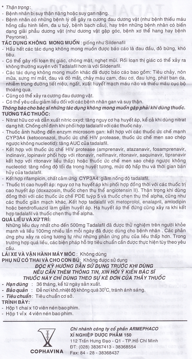 Hình ảnh Thuốc Tadalafil 20mg Cophavina điều trị rối loạn cương dương (1 vỉ x 4 viên)