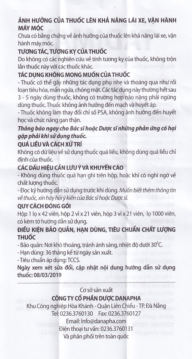 Hình ảnh Thuốc Tadimax Danapha điều trị phì đại lành tính tuyến tiền liệt và u xơ tử cung (42 viên)