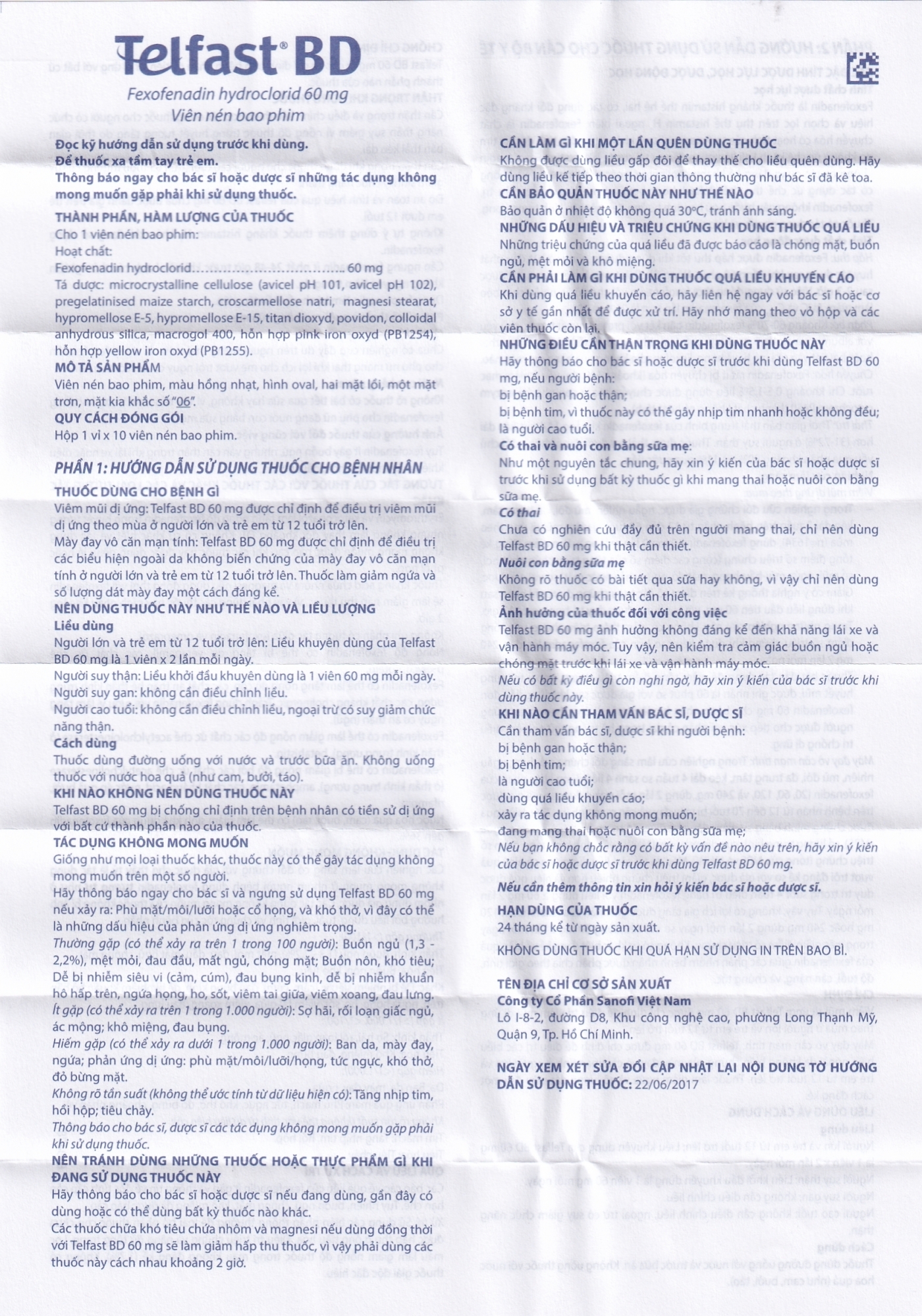 Hình ảnh Thuốc Telfast BD 60mg Sanofi điều trị viêm mũi dị ứng, mày đay (1 vỉ x 10 viên)