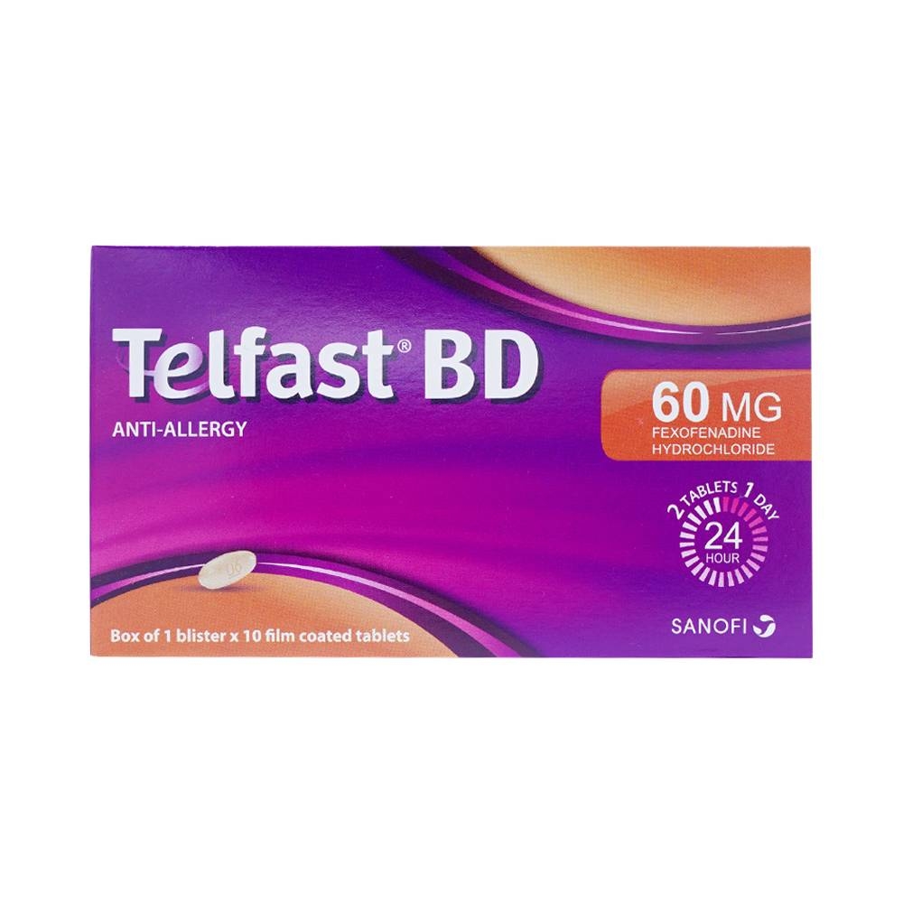 Hình ảnh Thuốc Telfast BD 60mg Sanofi điều trị viêm mũi dị ứng, mày đay (1 vỉ x 10 viên)