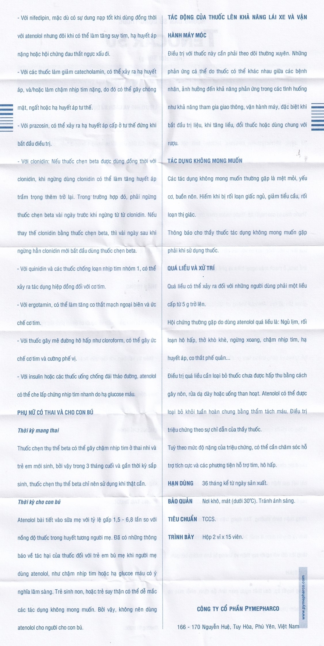 Hình ảnh Thuốc Tenocar 50 Pymepharco điều trị tăng huyết áp, đau thắt ngực (2 vỉ x 15 viên)